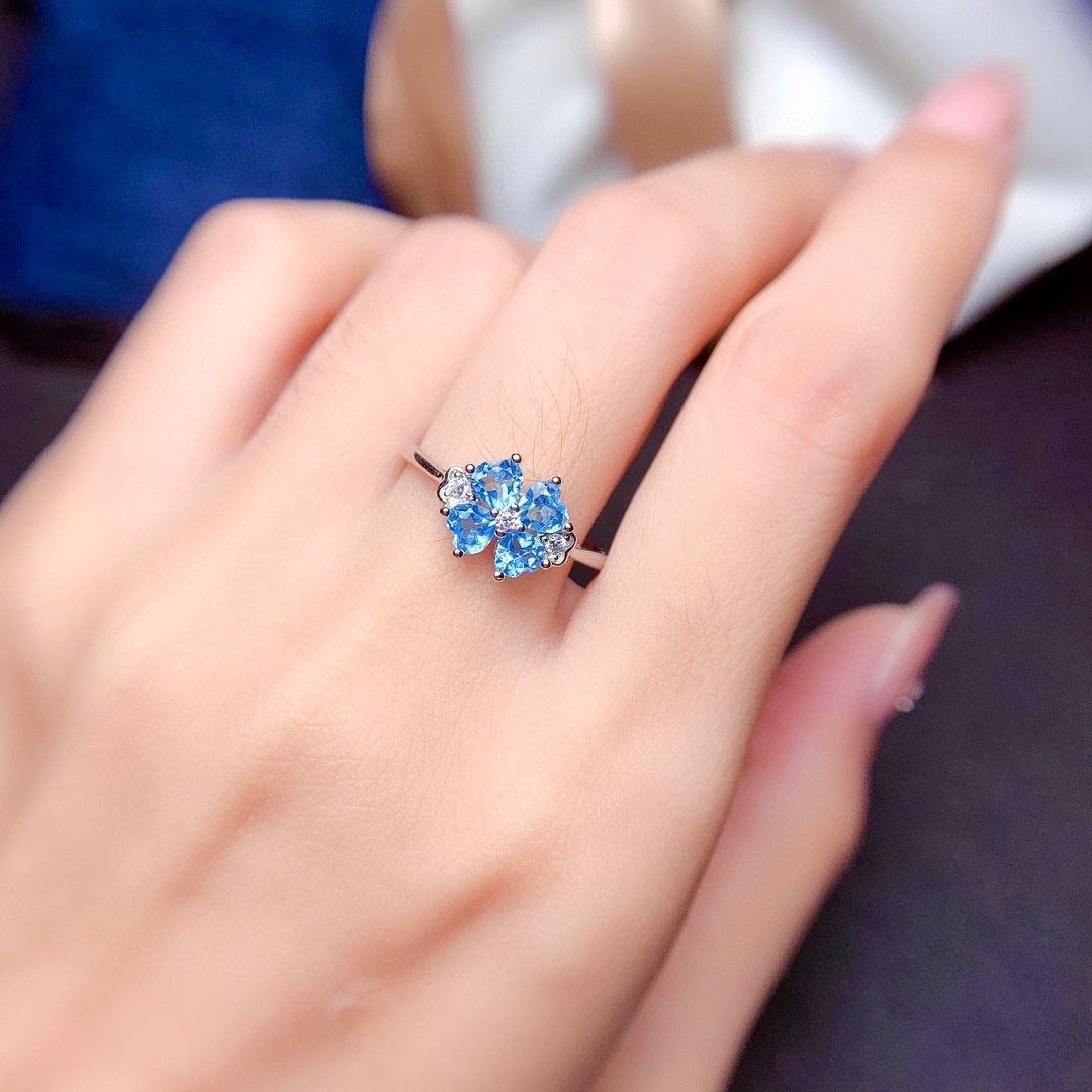 Light luxury four-leaf clover Swiss blue Topa stone open ring