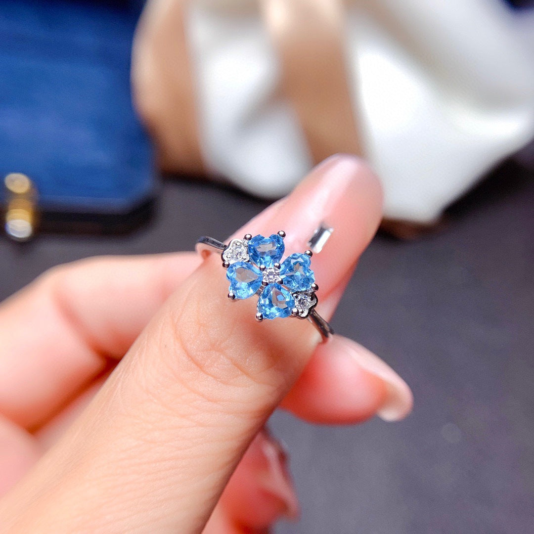 Light luxury four-leaf clover Swiss blue Topa stone open ring