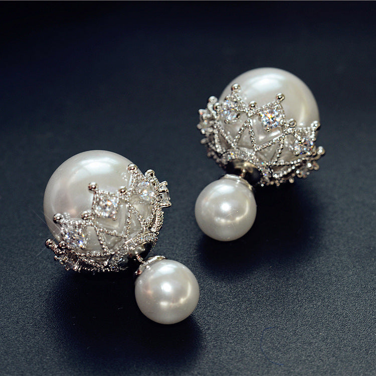 Double sided pearl plated s925 silver needle Korean earrings for women lace stud earrings