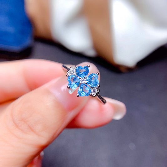 Light luxury four-leaf clover Swiss blue Topa stone open ring