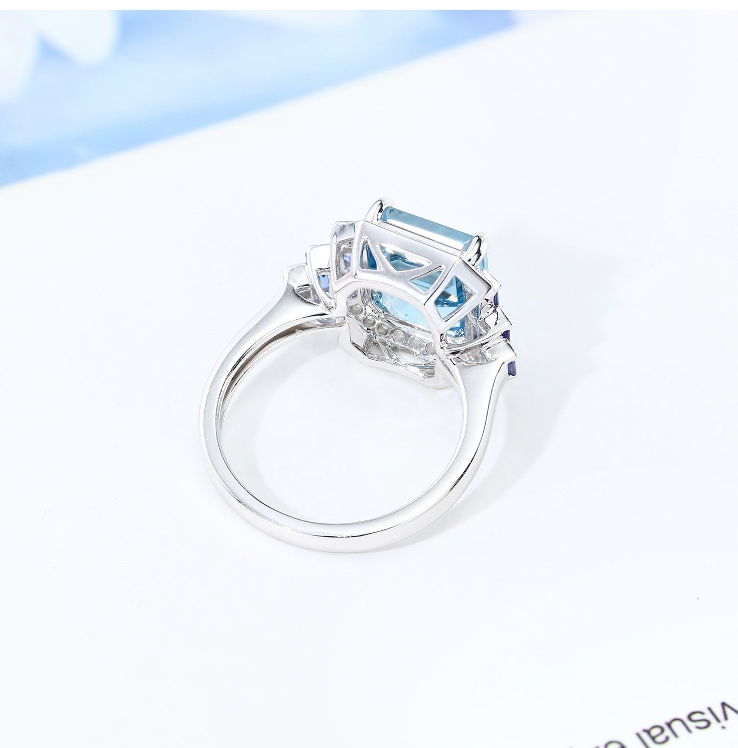 Aurora Blue High Jewelry imitation Topa stone Aquamarine luxury princess ring