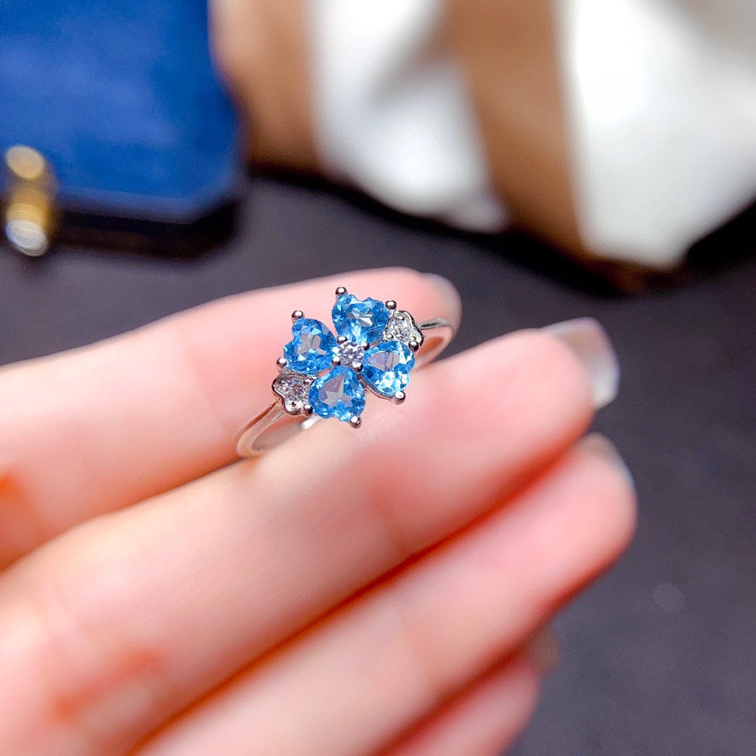 Light luxury four-leaf clover Swiss blue Topa stone open ring