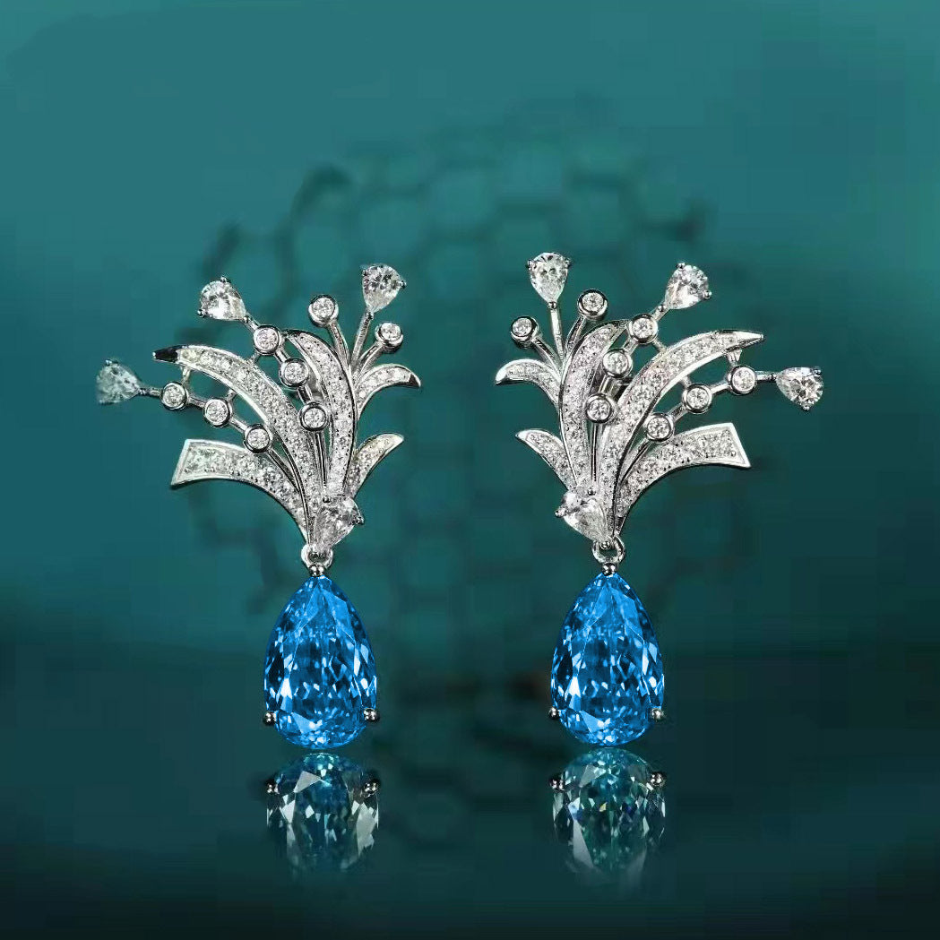 Imitation Aquamarine fireworks lovers earrings drop earrings set luxury water drop shape Topaz opening color treasure ring