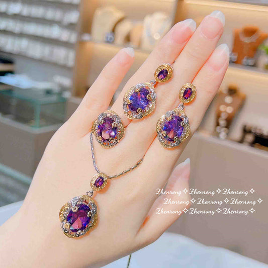 Italian vintage gold process purple diamond set two-color gold amethyst pendant open ring color treasure earrings