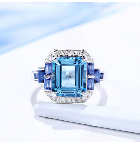 Aurora Blue High Jewelry imitation Topa stone Aquamarine luxury princess ring