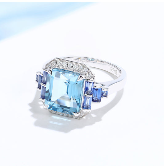 Aurora Blue High Jewelry imitation Topa stone Aquamarine luxury princess ring