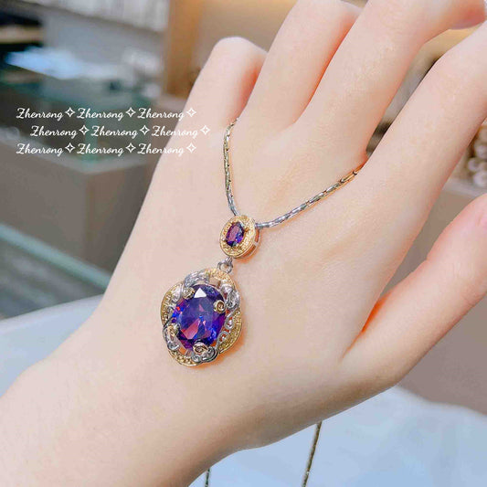 Italian vintage gold process purple diamond set two-color gold amethyst pendant open ring color treasure earrings