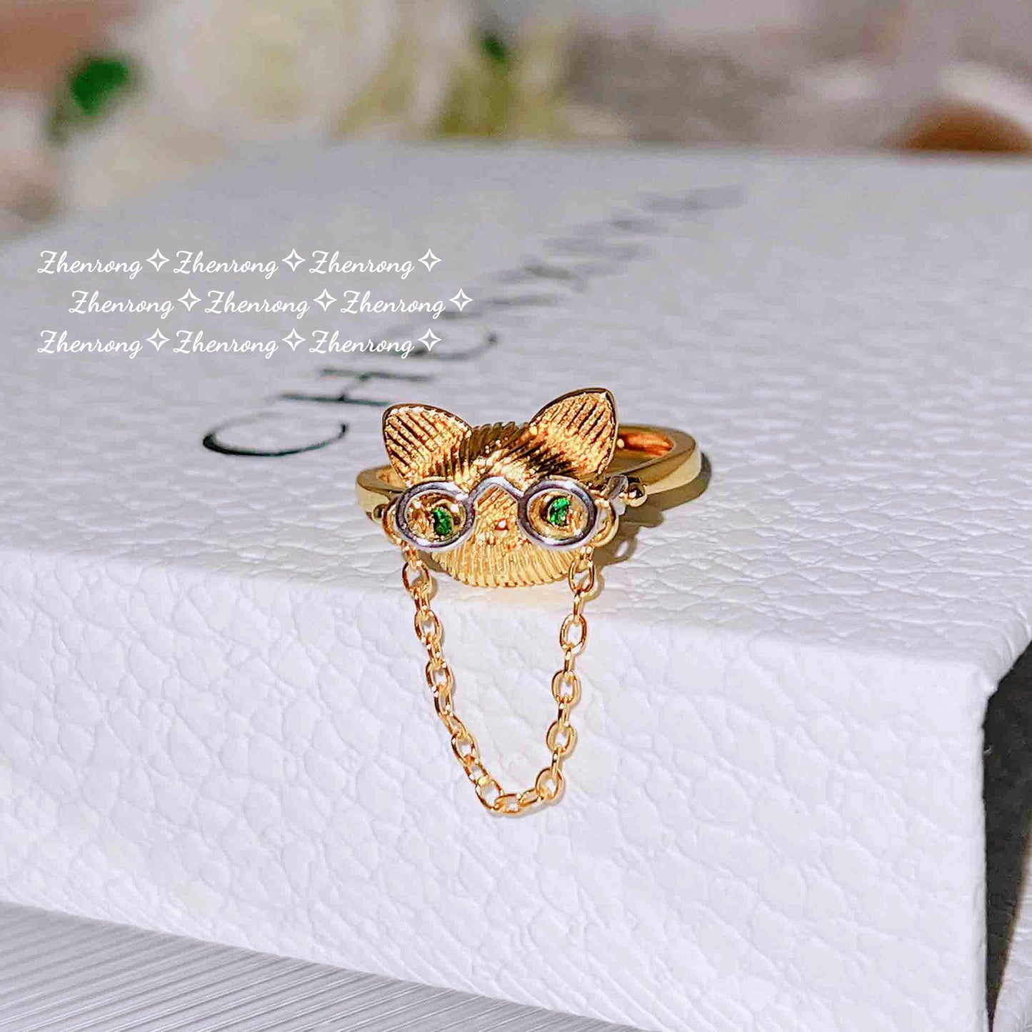 Hand-drawn Dr. Cat Ring Female imitation emerald cute cartoon Bestie open ring