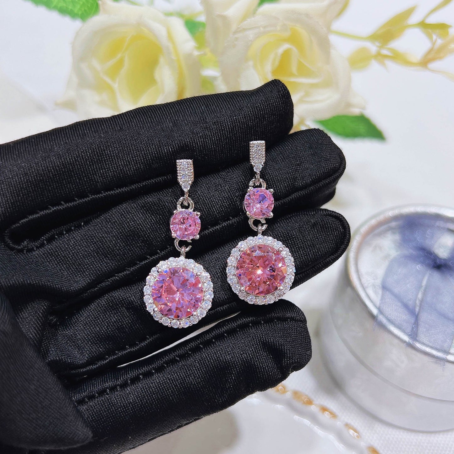 Ultra flash light luxury pink zircon necklace romantic cherry blossom pink diamond set