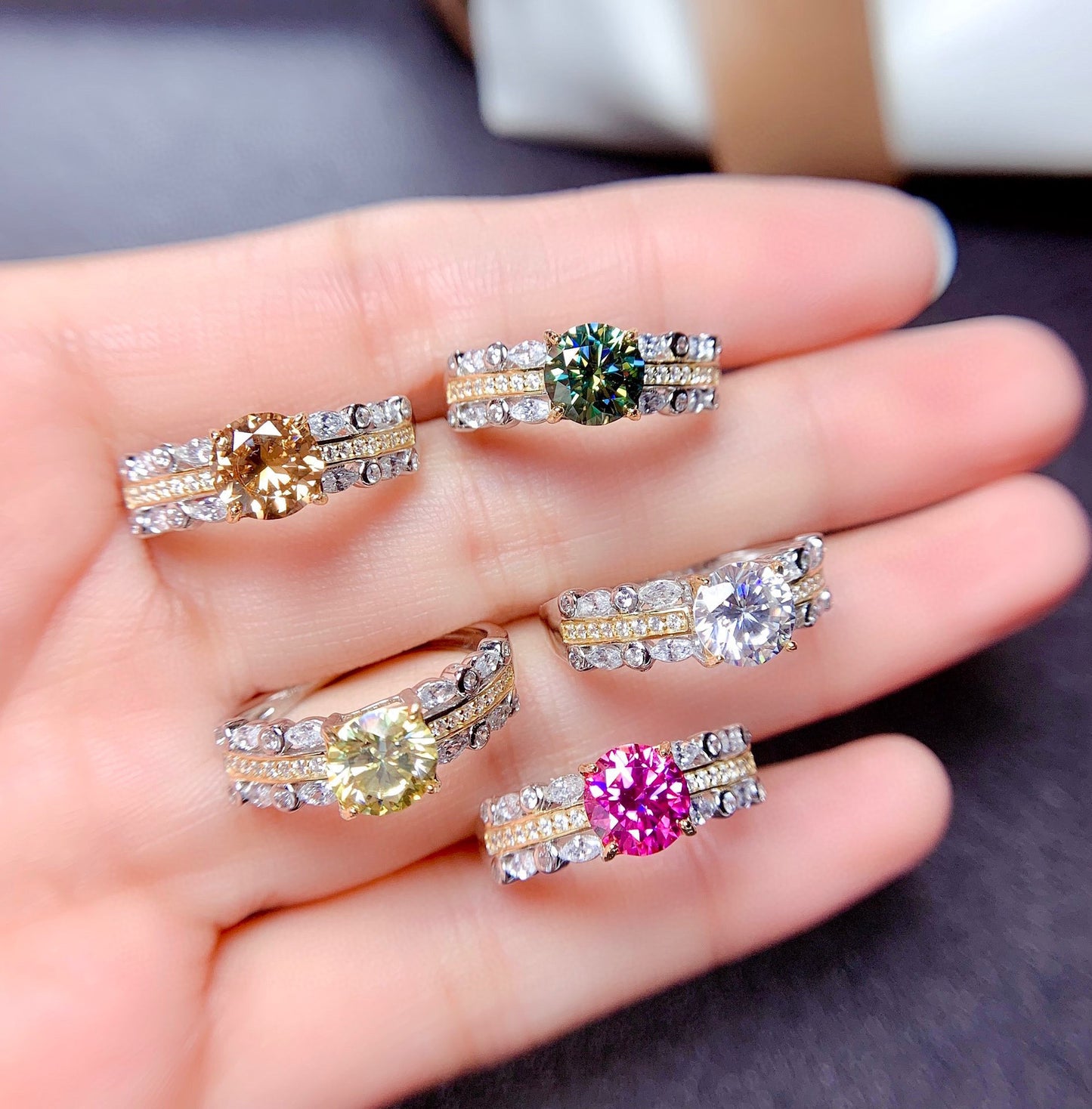 Imitation Mosan diamond ring eight heart eight arrows high carbon diamond powder color treasure ring