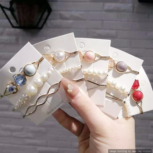 Korean version of a word clip set pearl gravel hair clip temperament side clip sweet girl heart hair accessories