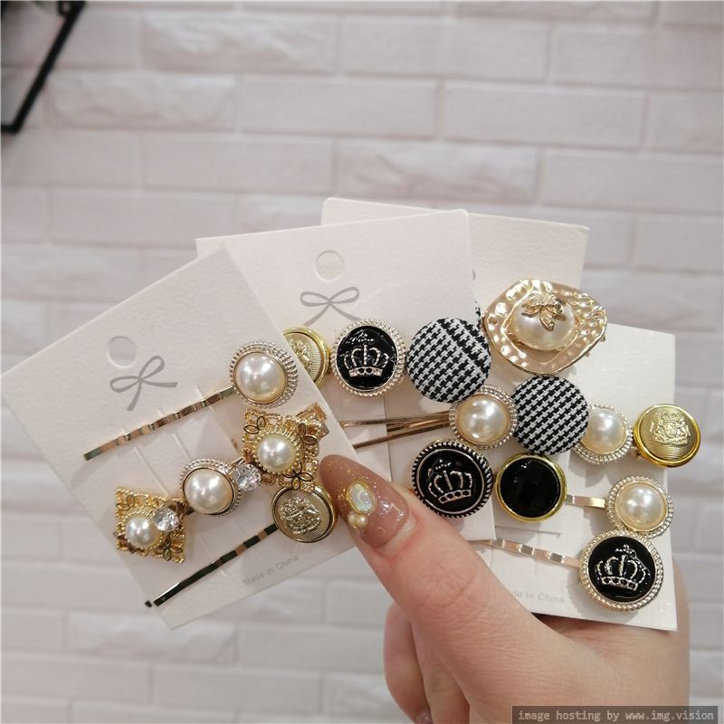 Clip Pearl Hairpin Female Korean Clip Retro Houndstooth Button Metal Clip Headdress