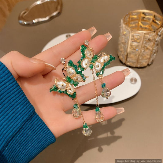 925 Silver Needle Pearl Butterfly Crystal Tassel 2022 New Temperament Earrings Temperament Advanced Earrings