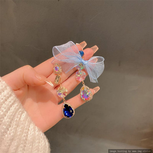 925 Silver Needle Spring Blue Bow Water Drops Asymmetric Sweet Girl Long Thin Face Earrings Jewelry