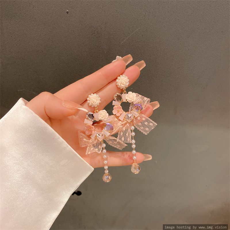 Korean tassel pink lace water drop pearl 2022 new high-end light luxury crystal earrings