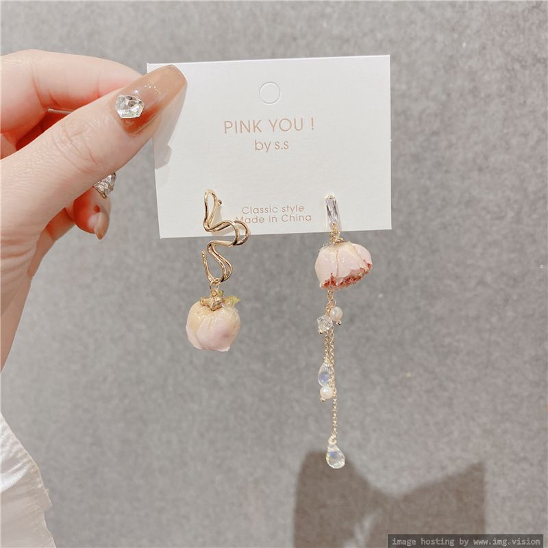 Korean version of 925 silver needle flower asymmetric tassel water drop immortal flower earring flower earring